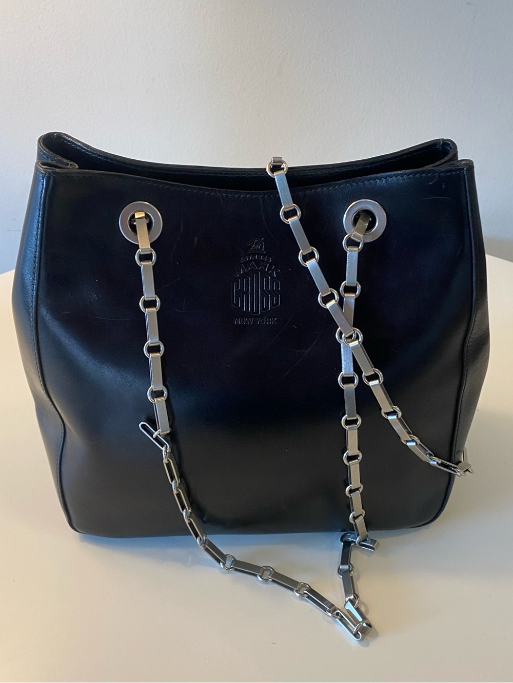 Black Leather Shoulder Bag with Silver Chain Detail